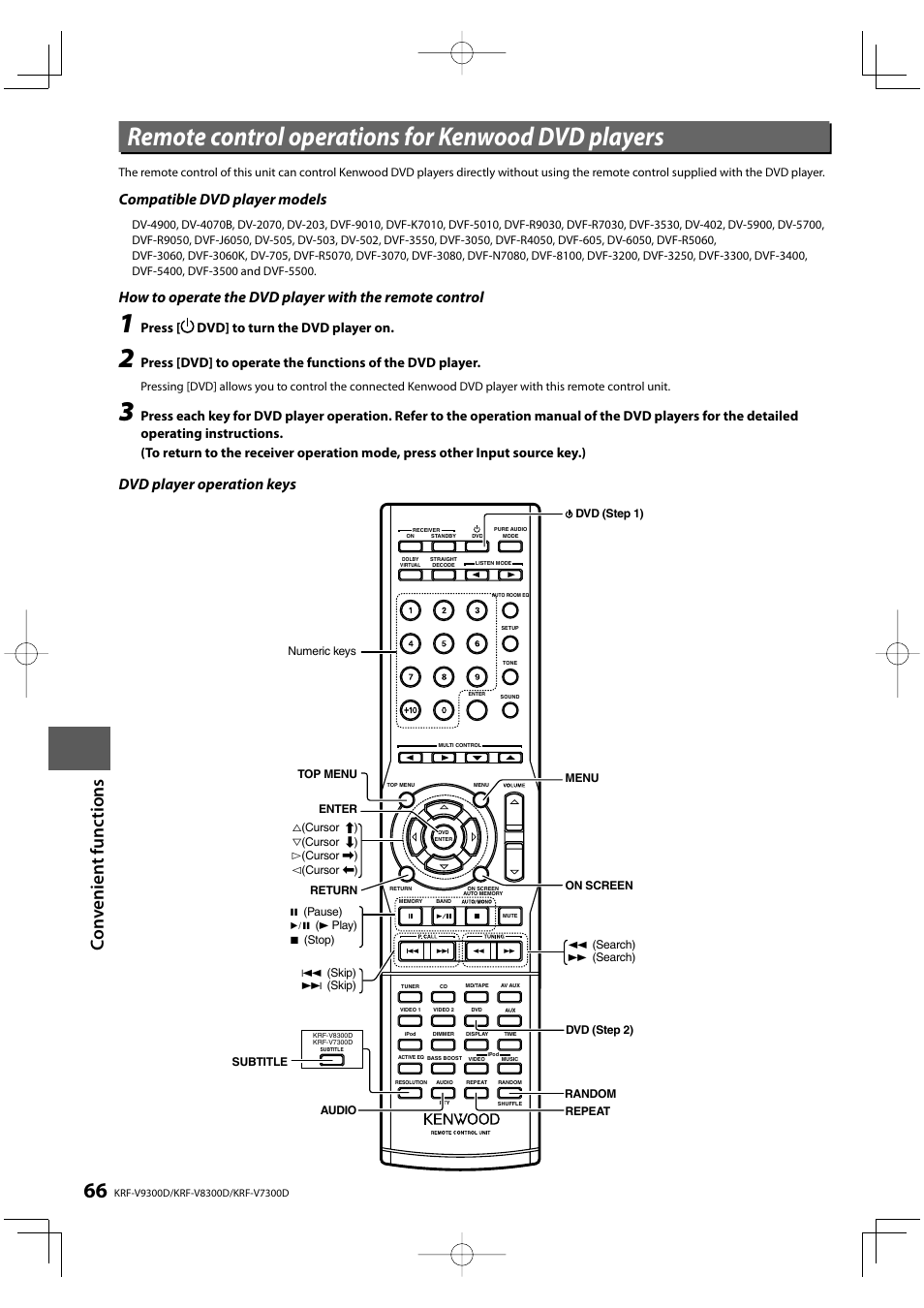 Remote control operations for kenwood dvd players, Compatible dvd player models, Dvd player operation keys | Press [ dvd] to turn the dvd player on | Kenwood KRF-V8300D User Manual | Page 66 / 72