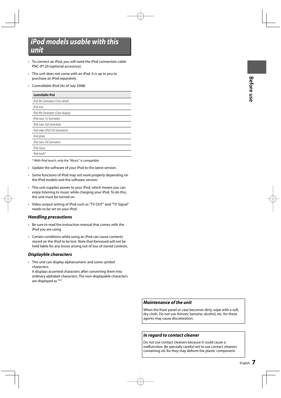 Ipod models usable with this unit, Bef o re u se | Kenwood KRF-V8300D User Manual | Page 7 / 72
