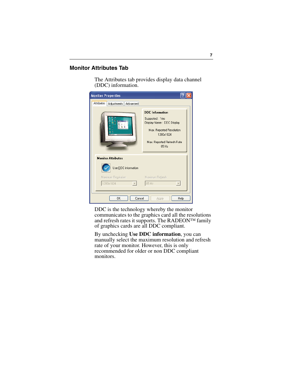Monitor attributes tab | ATI Technologies RADEON 7000 User Manual | Page 11 / 38