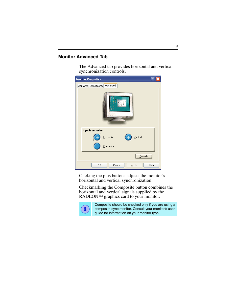 Monitor advanced tab | ATI Technologies RADEON 7000 User Manual | Page 13 / 38