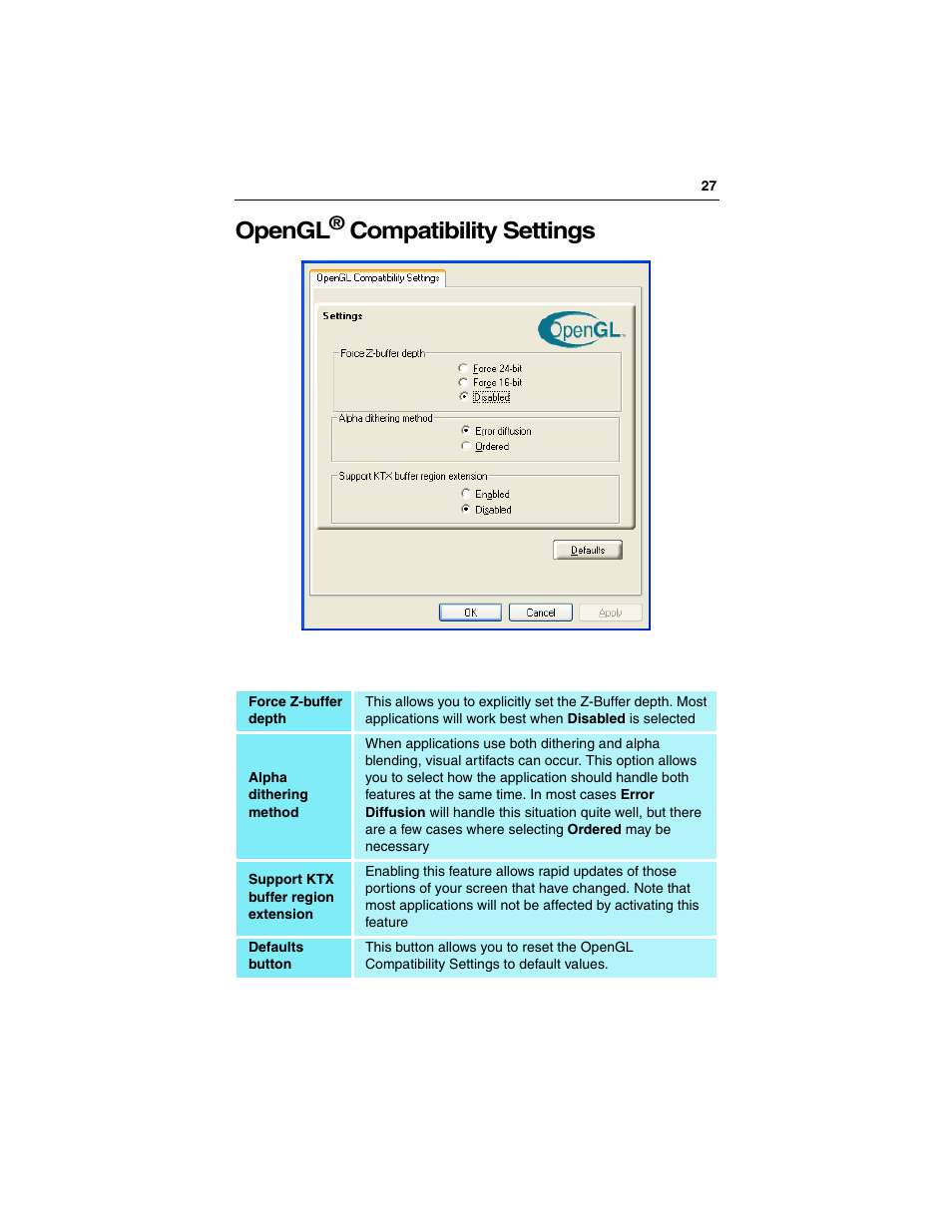 Opengl, Compatibility settings | ATI Technologies RADEON 7000 User Manual | Page 31 / 38