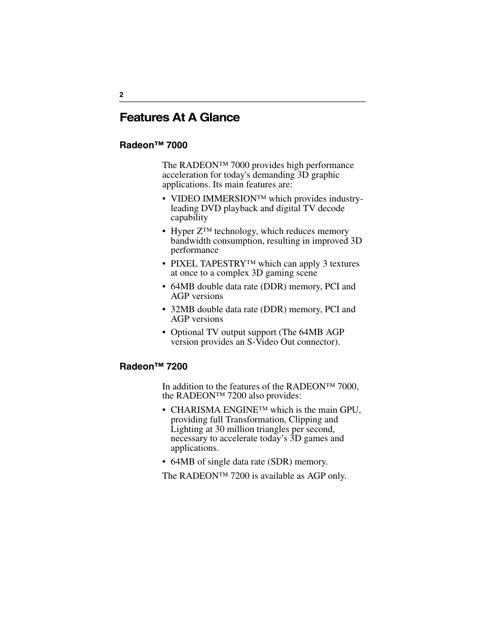 Features at a glance, Radeon™ 7000 radeon™ 7200 | ATI Technologies RADEON 7000 User Manual | Page 6 / 38