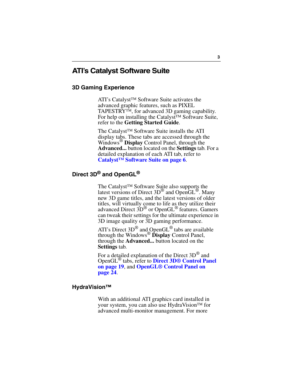 Ati’s catalyst software suite, 3d gaming experience direct 3d, Hydravision | ATI Technologies RADEON 7000 User Manual | Page 7 / 38