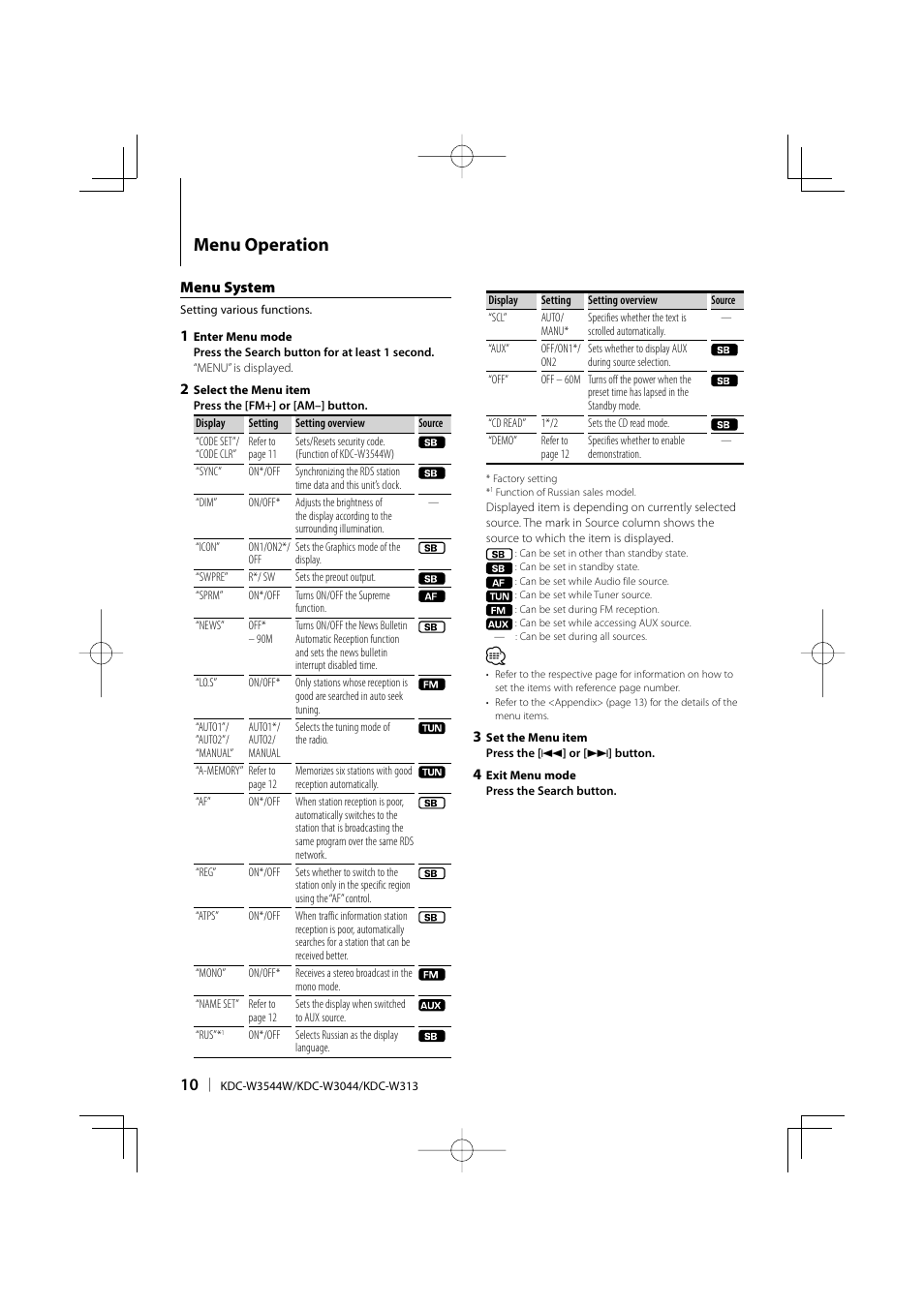 Menu operation, Menu system | Kenwood KDC-W3044G User Manual | Page 10 / 20