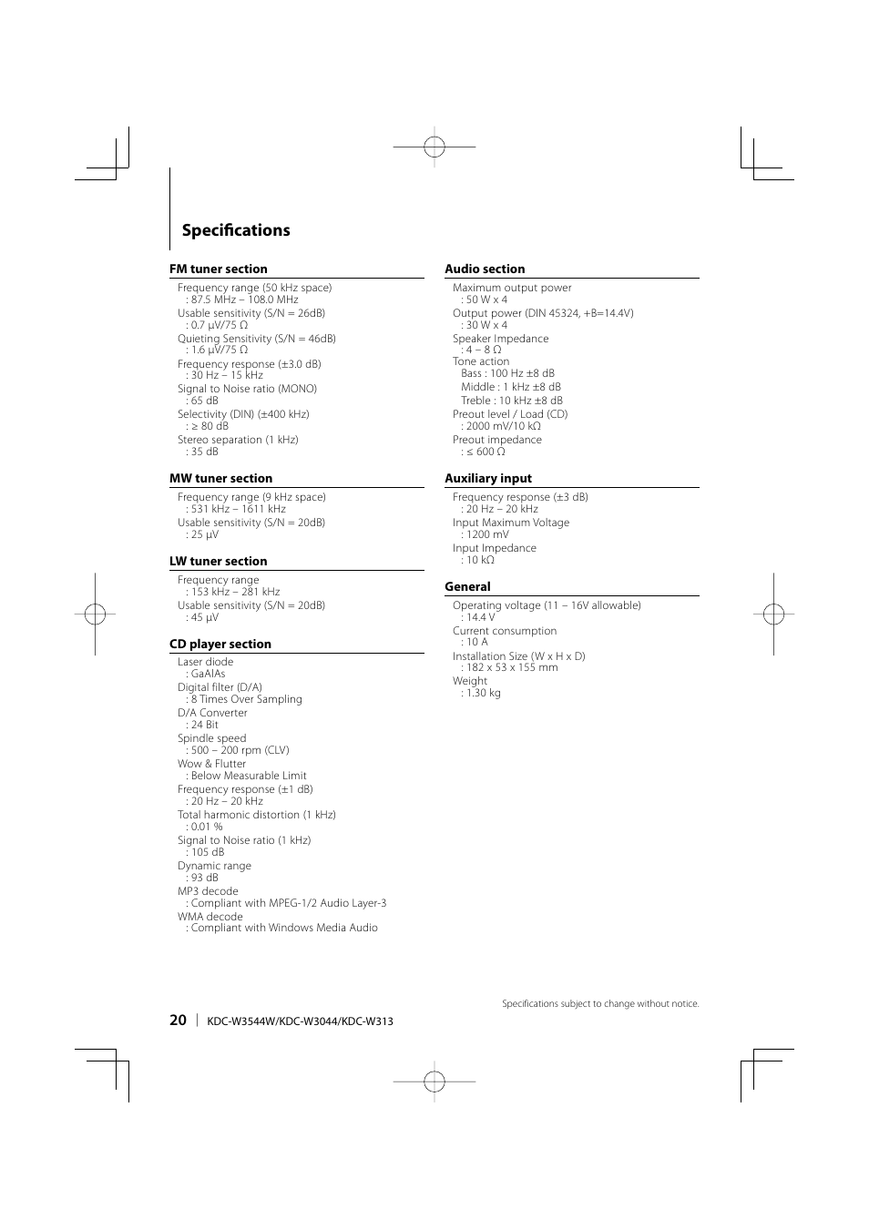Specifi cations | Kenwood KDC-W3044G User Manual | Page 20 / 20