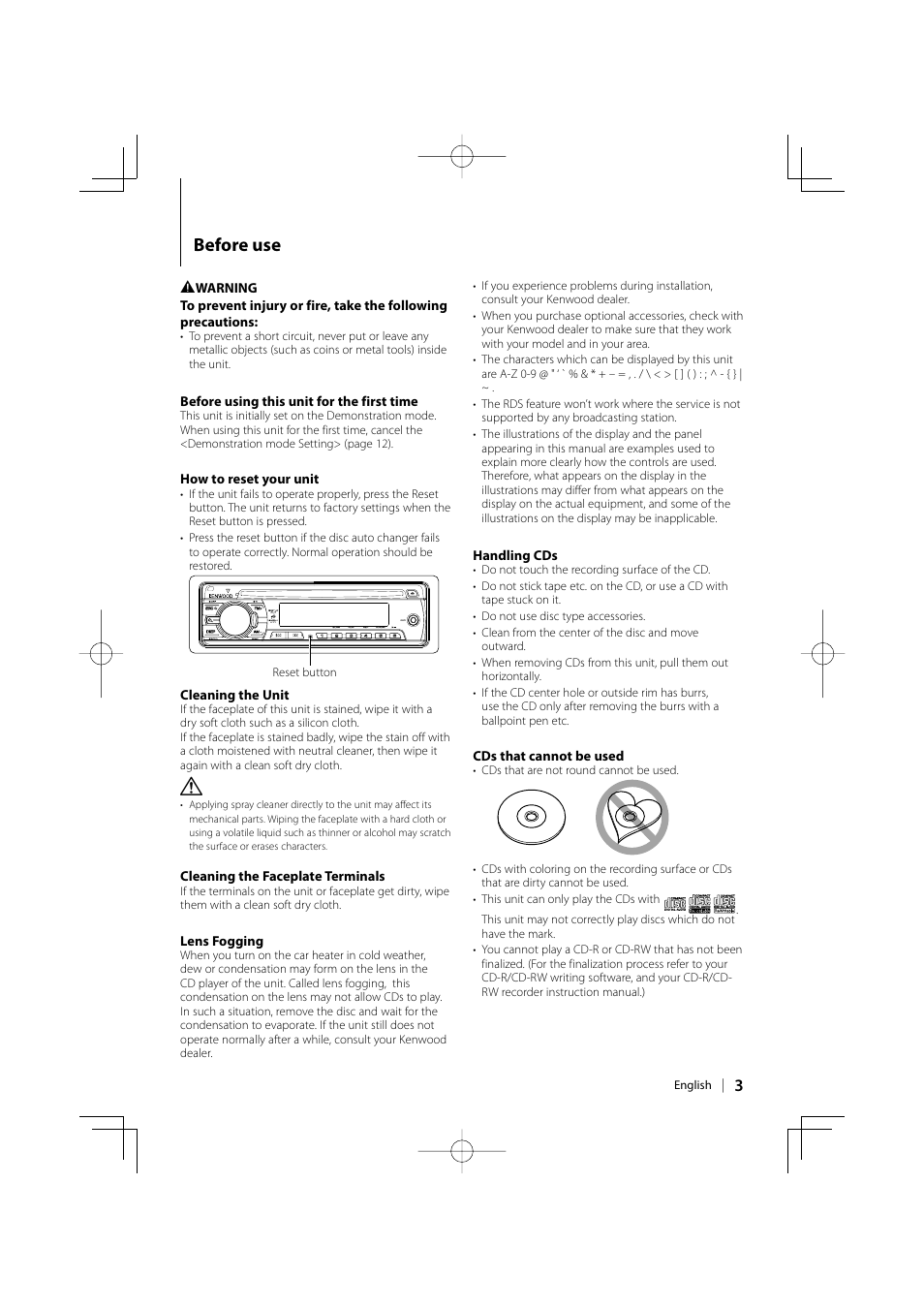 Before use | Kenwood KDC-W3044G User Manual | Page 3 / 20