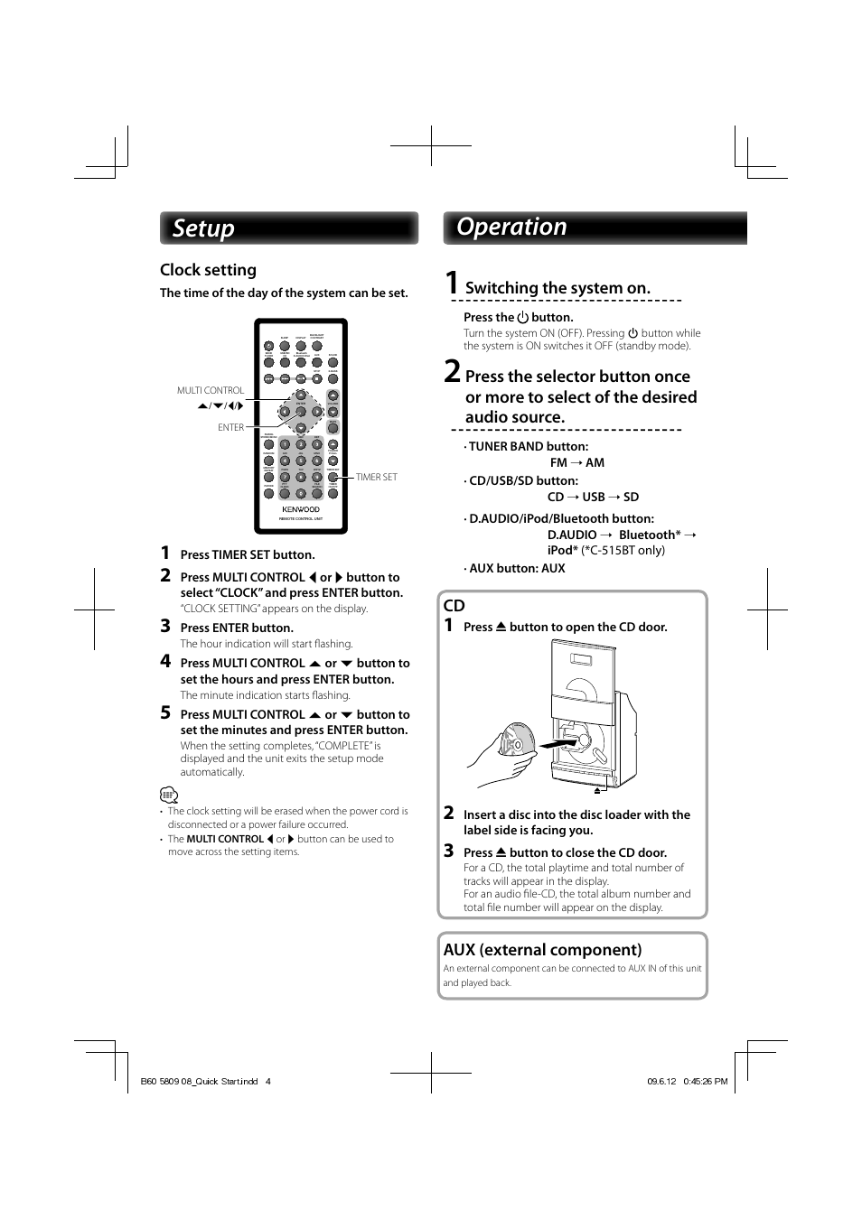 Setup operation, Clock setting, Switching the system on | Aux (external component) | Kenwood C-313 User Manual | Page 4 / 6