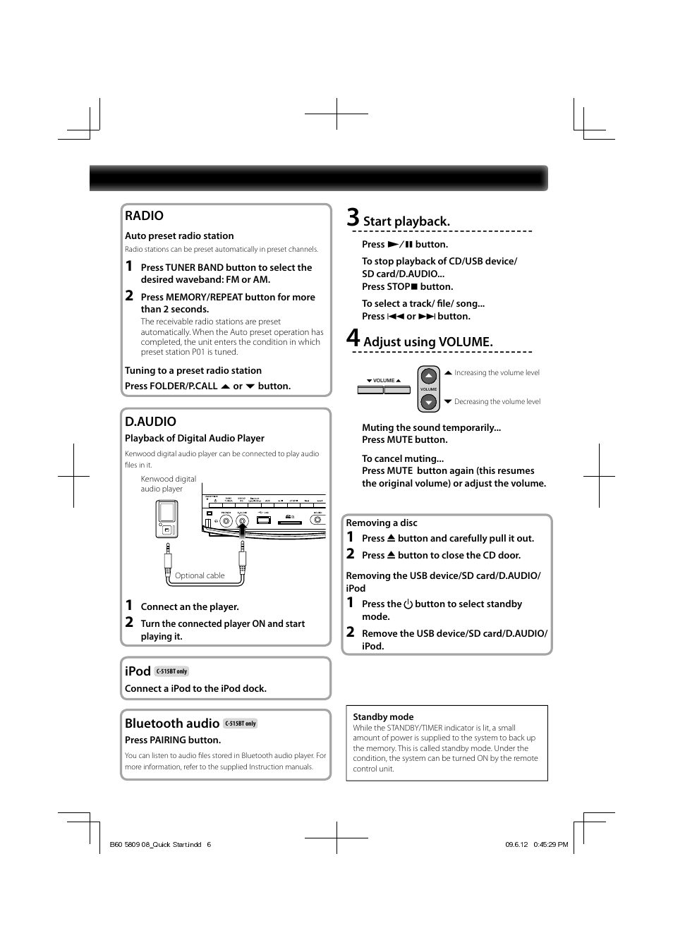 Radio, D.audio, Ipod | Bluetooth audio, Start playback, Adjust using volume | Kenwood C-313 User Manual | Page 6 / 6