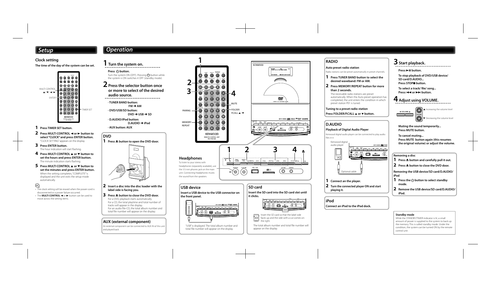 Setup operation, Clock setting, Turn the system on | Aux (external component), Usb device, Sd card, Radio, D.audio, Ipod, Start playback | Kenwood C-616DV User Manual | Page 2 / 2