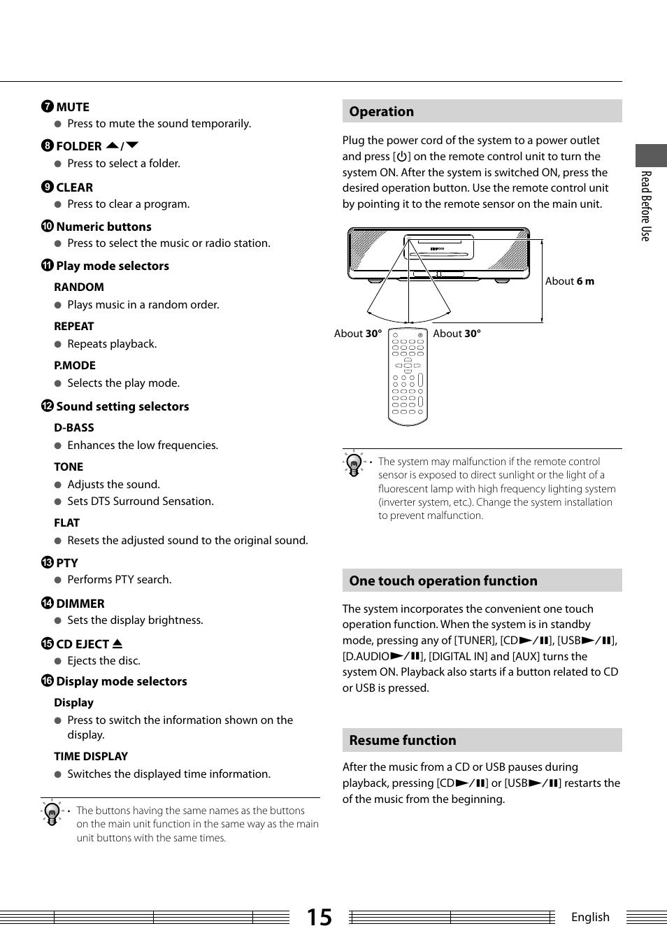 Read b efor e u se operation, One touch operation function, Resume function | Kenwood K-323-BK User Manual | Page 15 / 50