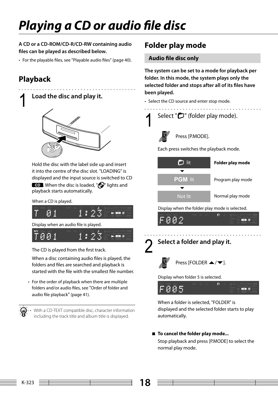 Playing a cd or audio fi le disc, Folder play mode, Playback | Kenwood K-323-BK User Manual | Page 18 / 50