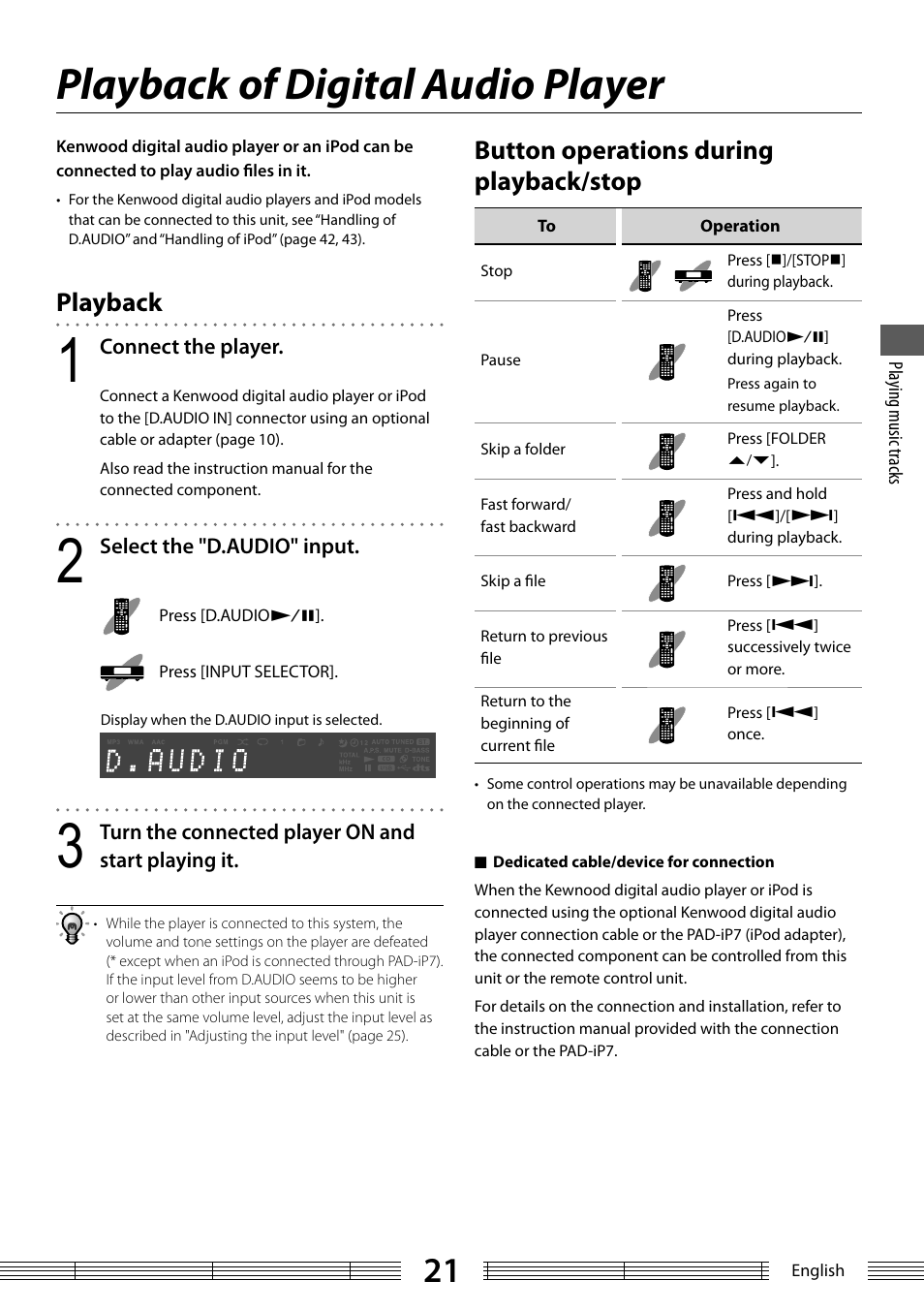 Playback of digital audio player, Playback, Button operations during playback/stop | Kenwood K-323-BK User Manual | Page 21 / 50