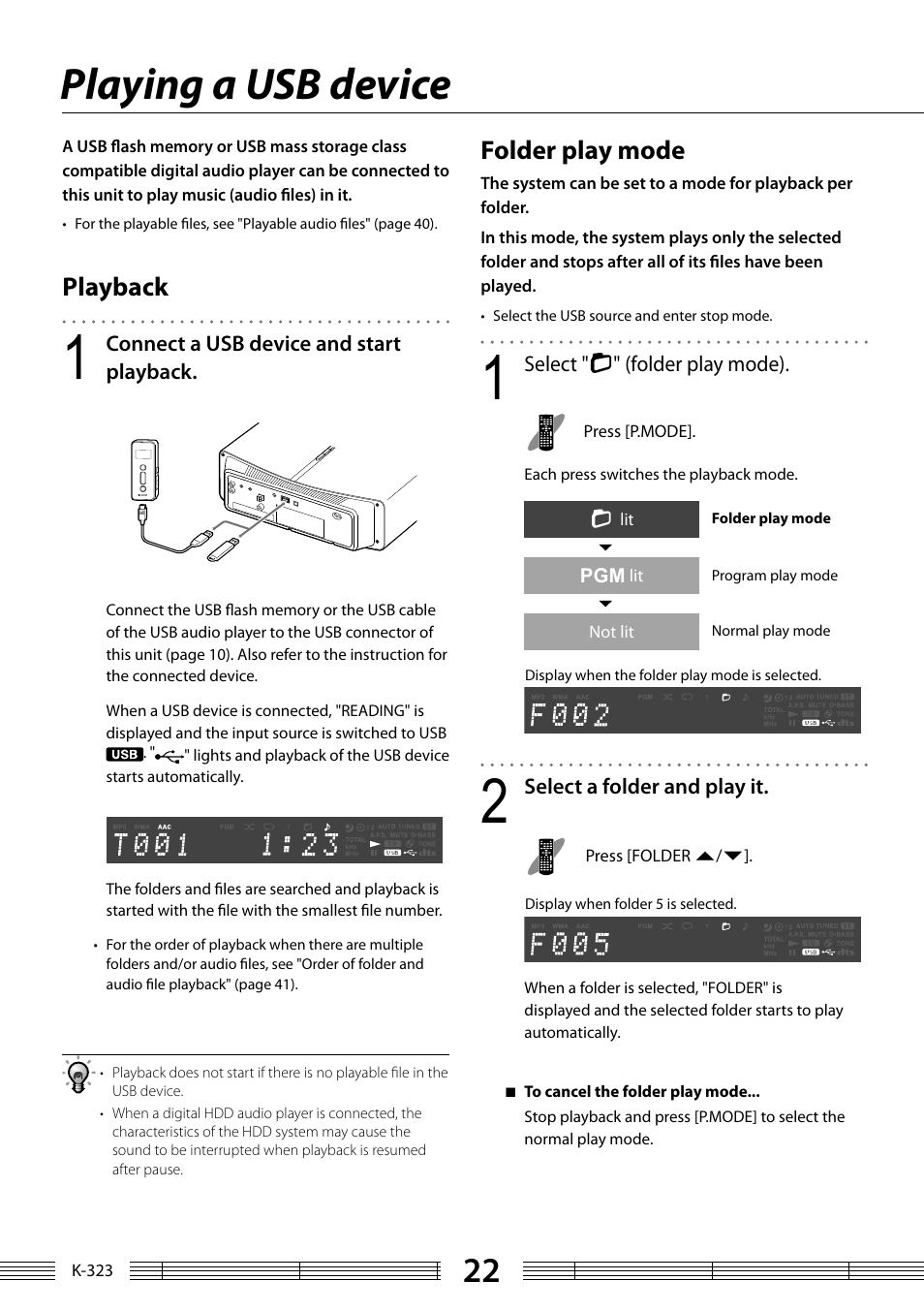 Playing a usb device, Playback, Folder play mode | Kenwood K-323-BK User Manual | Page 22 / 50