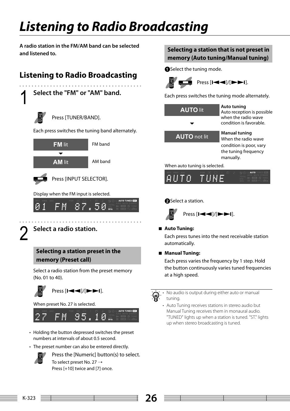 Listening to radio broadcasting | Kenwood K-323-BK User Manual | Page 26 / 50