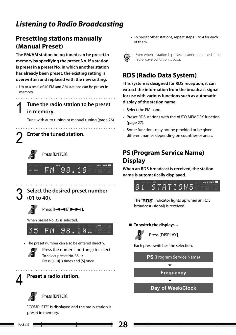 Listening to radio broadcasting, Presetting stations manually (manual preset), Rds (radio data system) | Ps (program service name) display | Kenwood K-323-BK User Manual | Page 28 / 50