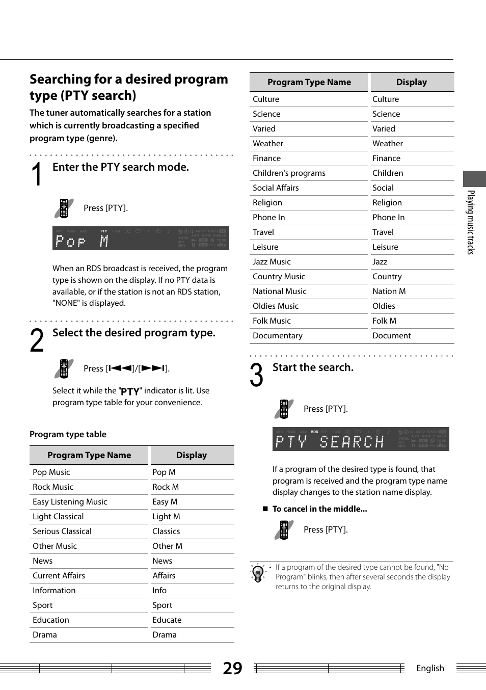 Searching for a desired program type (pty search) | Kenwood K-323-BK User Manual | Page 29 / 50