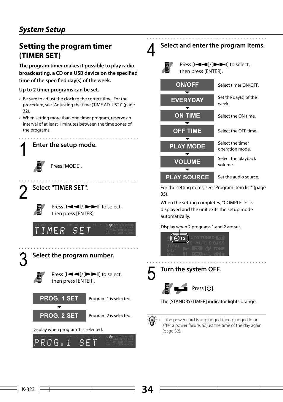 System setup setting the program timer (timer set) | Kenwood K-323-BK User Manual | Page 34 / 50