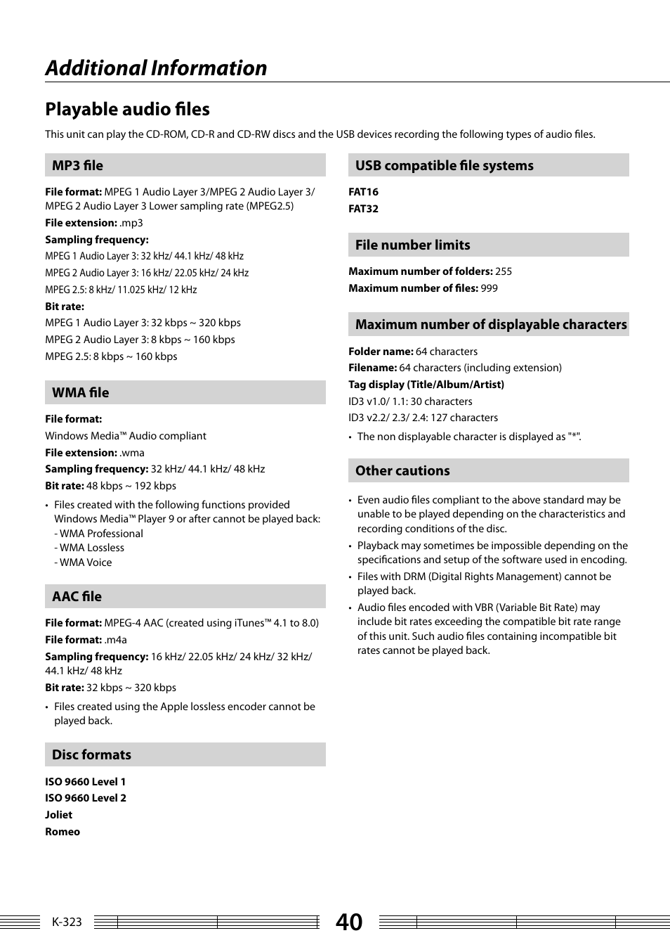 Additional information, Playable audio fi les | Kenwood K-323-BK User Manual | Page 40 / 50