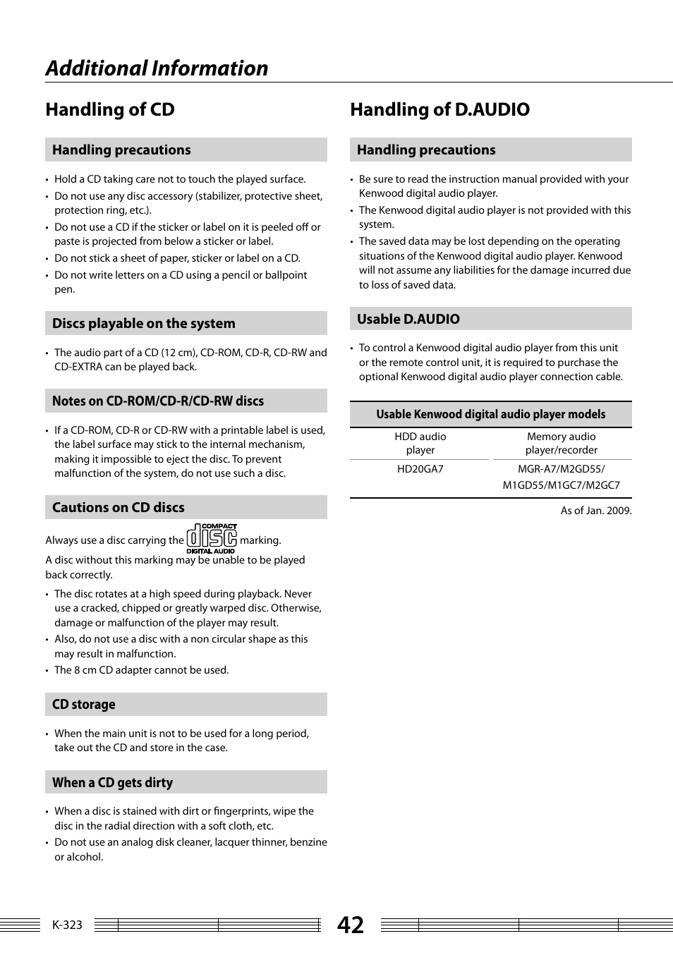 Additional information, Handling of d.audio, Handling of cd | Kenwood K-323-BK User Manual | Page 42 / 50