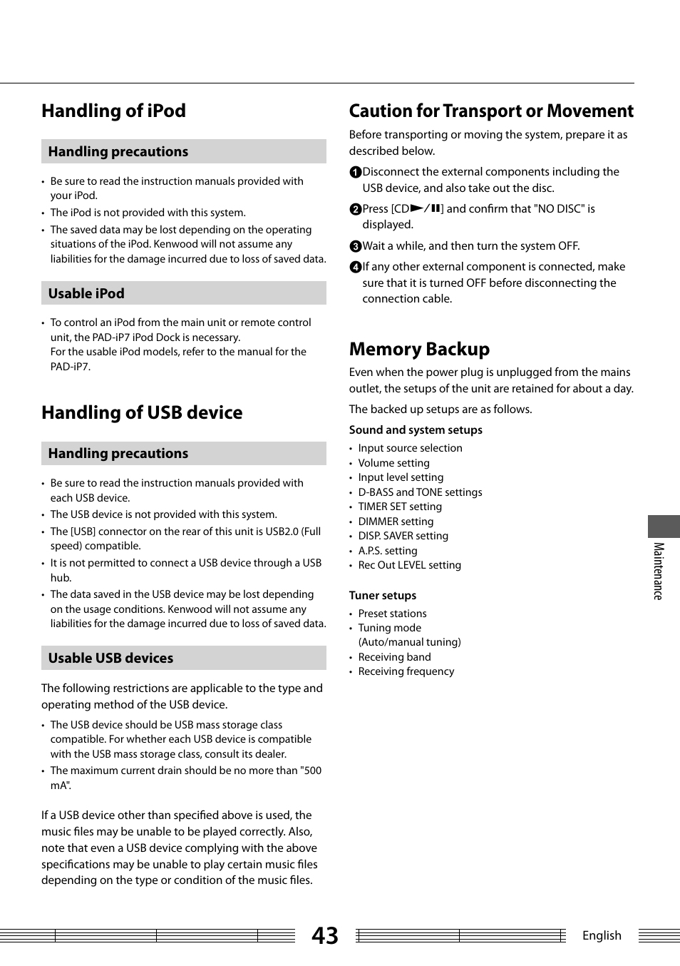 Handling of ipod, Handling of usb device, Caution for transport or movement | Kenwood K-323-BK User Manual | Page 43 / 50