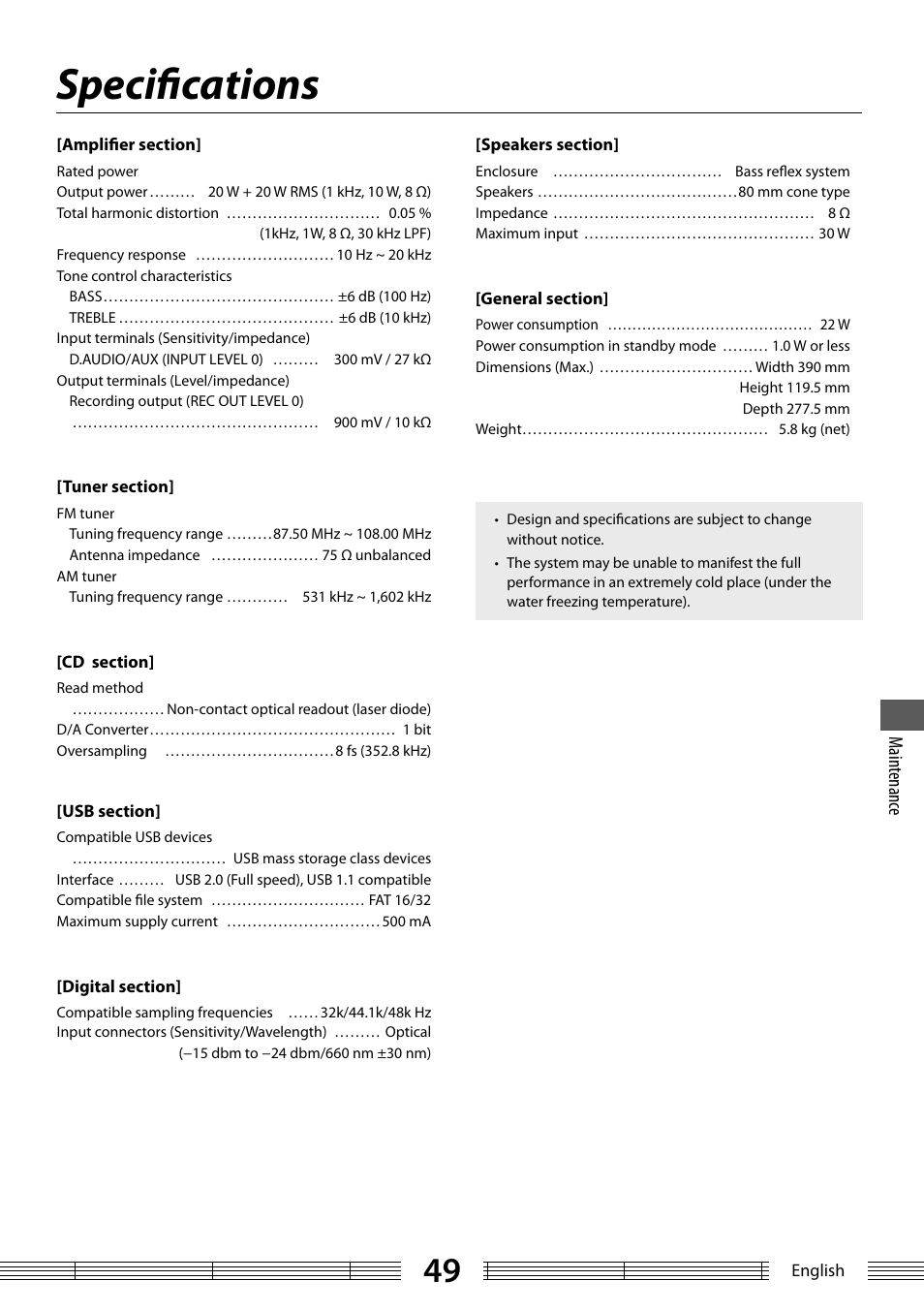 Specifi cations, Main tenanc e | Kenwood K-323-BK User Manual | Page 49 / 50