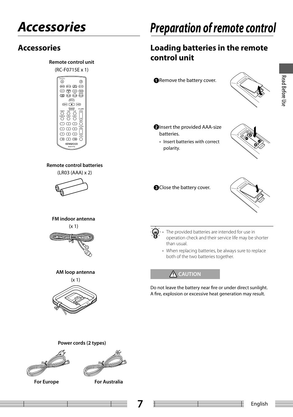 Preparation of remote control, Accessories, Loading batteries in the remote control unit | Kenwood K-323-BK User Manual | Page 7 / 50