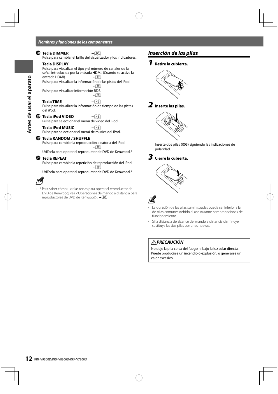 An te s de us ar e l apara to, Inserción de las pilas | Kenwood KRF-V8300D-S User Manual | Page 12 / 72