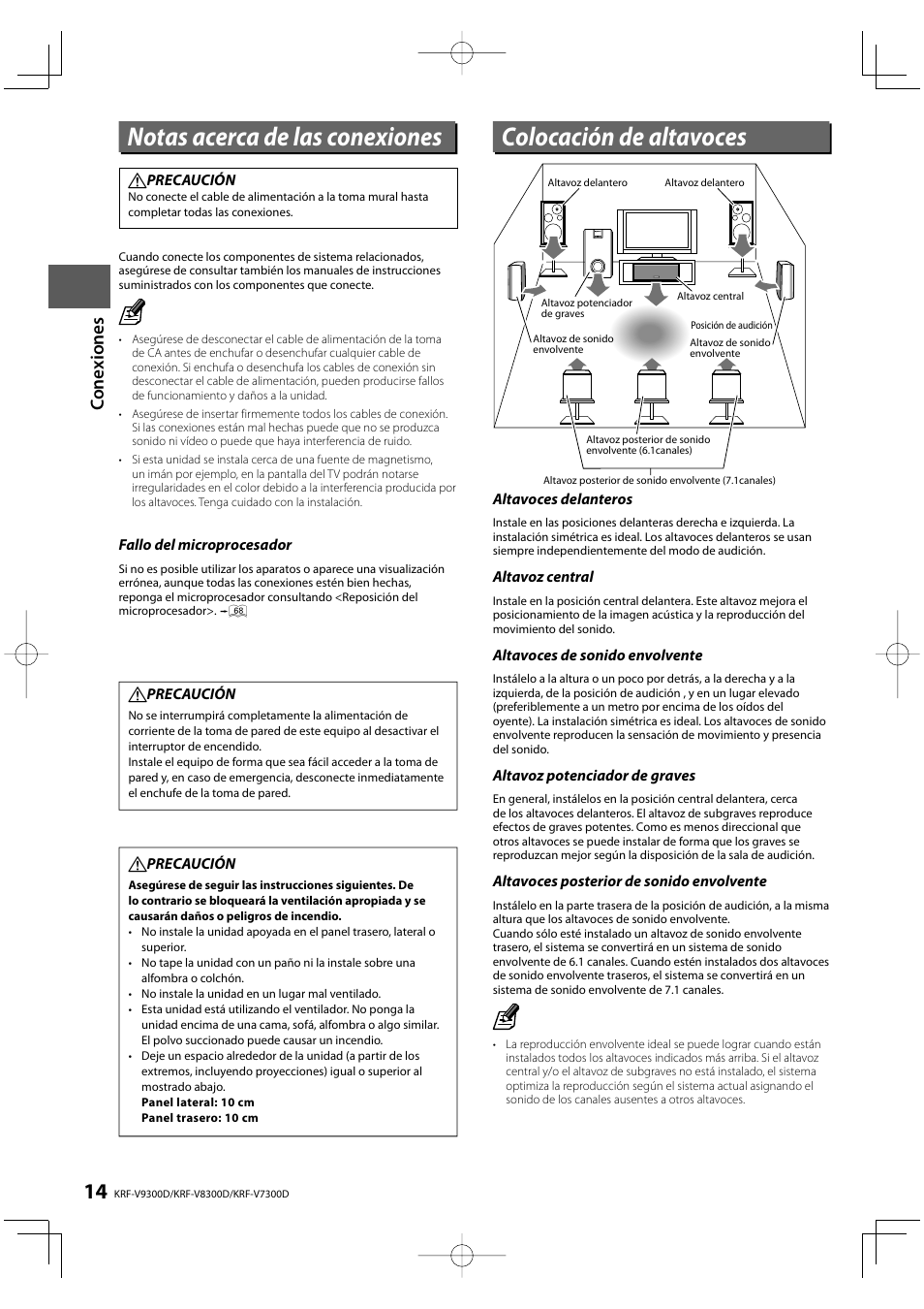 Notas acerca de las conexiones, Colocación de altavoces | Kenwood KRF-V8300D-S User Manual | Page 14 / 72