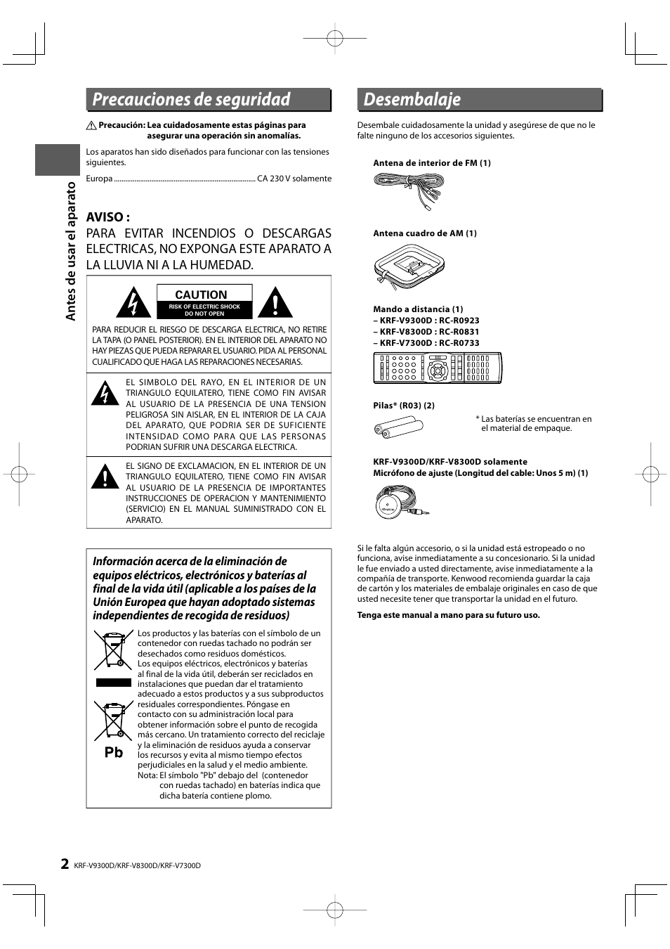 Precauciones de seguridad, Desembalaje, An te s de us ar e l apara to | Kenwood KRF-V8300D-S User Manual | Page 2 / 72