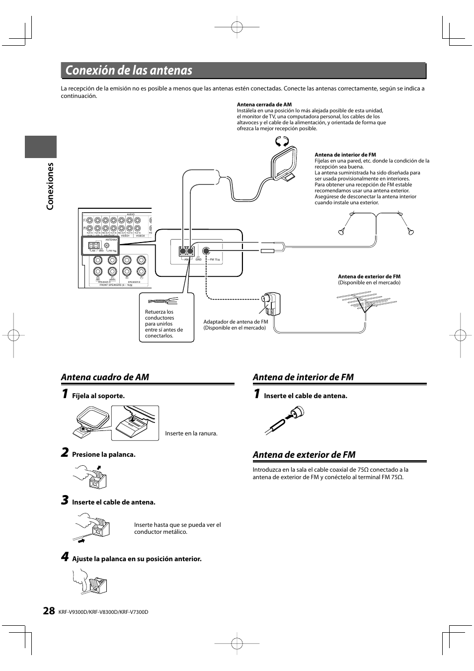 Conexión de las antenas, Antena de interior de fm, Antena de exterior de fm | Kenwood KRF-V8300D-S User Manual | Page 28 / 72