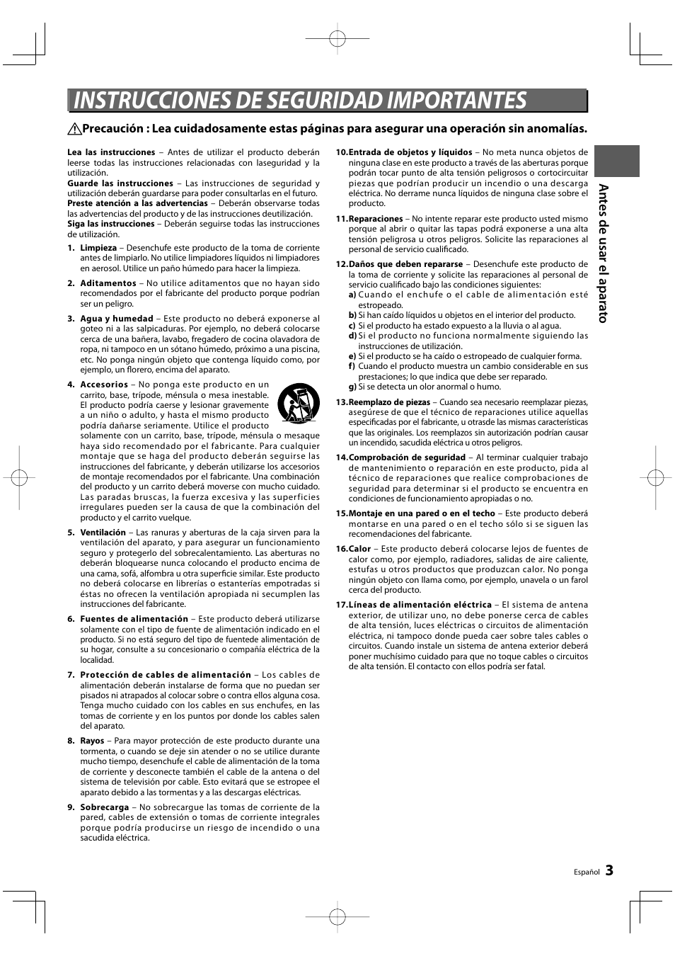 Instrucciones de seguridad importantes, An te s de us ar e l apara to | Kenwood KRF-V8300D-S User Manual | Page 3 / 72