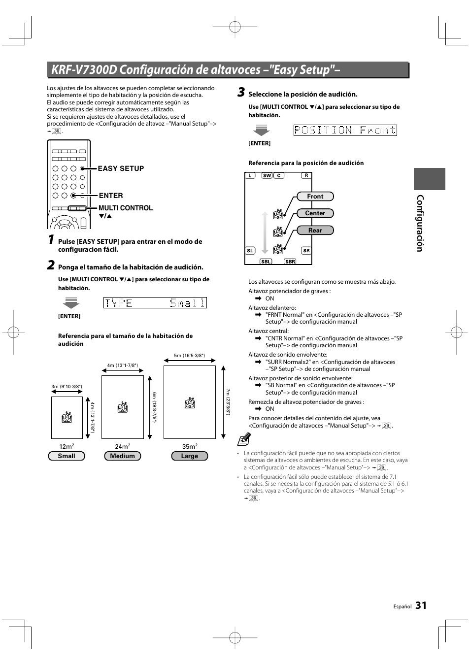 Krf-v7300d configuración de altavoces –"easy setup, Co nf iguración | Kenwood KRF-V8300D-S User Manual | Page 31 / 72