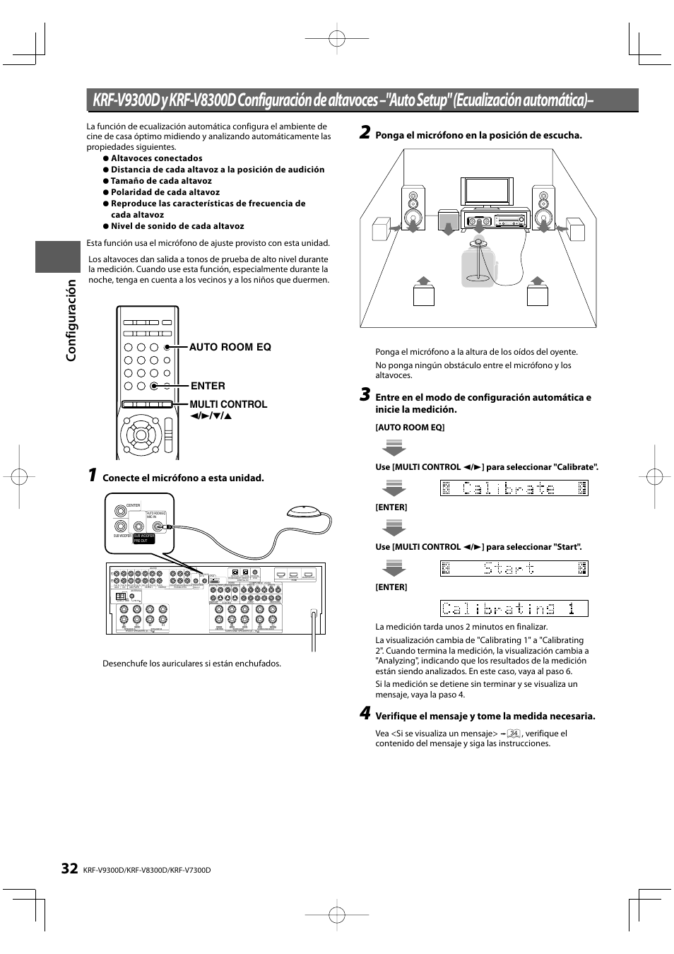 Co nf iguración, Auto room eq multi control  /  / o /  enter, Conecte el micrófono a esta unidad | Red white gray blue green tan brown, Ponga el micrófono en la posición de escucha, Verifique el mensaje y tome la medida necesaria, Desenchufe los auriculares si están enchufados, Auto room eq, Enter, Use [multi control 2 / 3 ] para seleccionar "start | Kenwood KRF-V8300D-S User Manual | Page 32 / 72