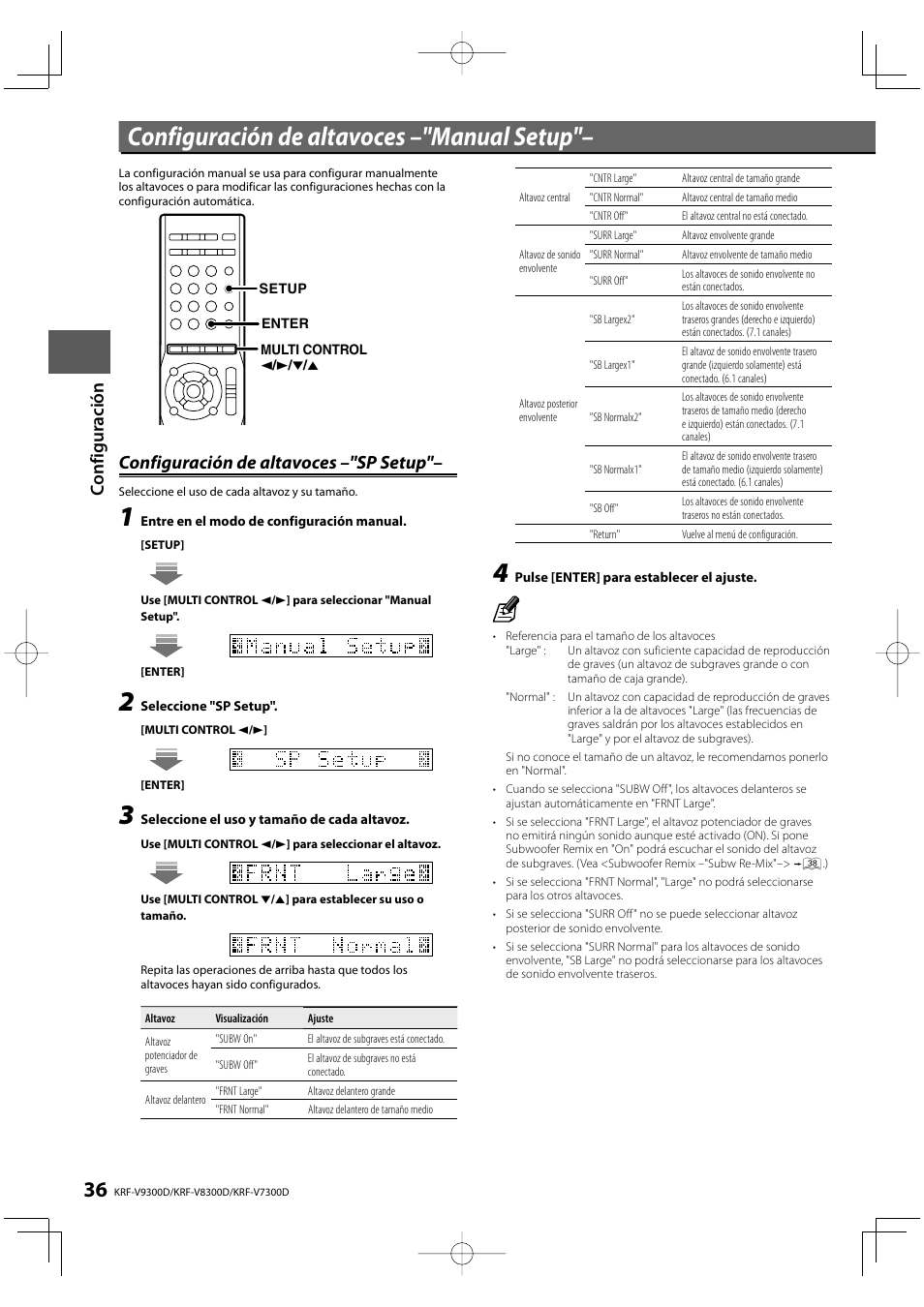 Configuración de altavoces –"manual setup, Co nf iguración, Configuración de altavoces –"sp setup | Kenwood KRF-V8300D-S User Manual | Page 36 / 72