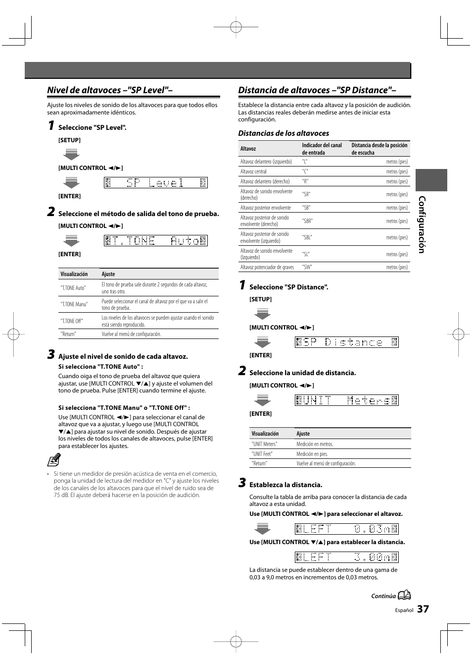 Co nf iguración, Nivel de altavoces –"sp level, Distancia de altavoces –"sp distance | Kenwood KRF-V8300D-S User Manual | Page 37 / 72