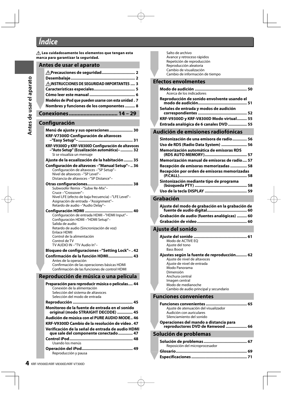 Índice, An te s de us ar e l apara to, Antes de usar el aparato | Conexiones – 29 configuración, Reproducción de música o una película, Efectos envolmentes, Audición de emisiones radiofónicas, Grabación, Ajuste del sonido, Funciones convenientes | Kenwood KRF-V8300D-S User Manual | Page 4 / 72