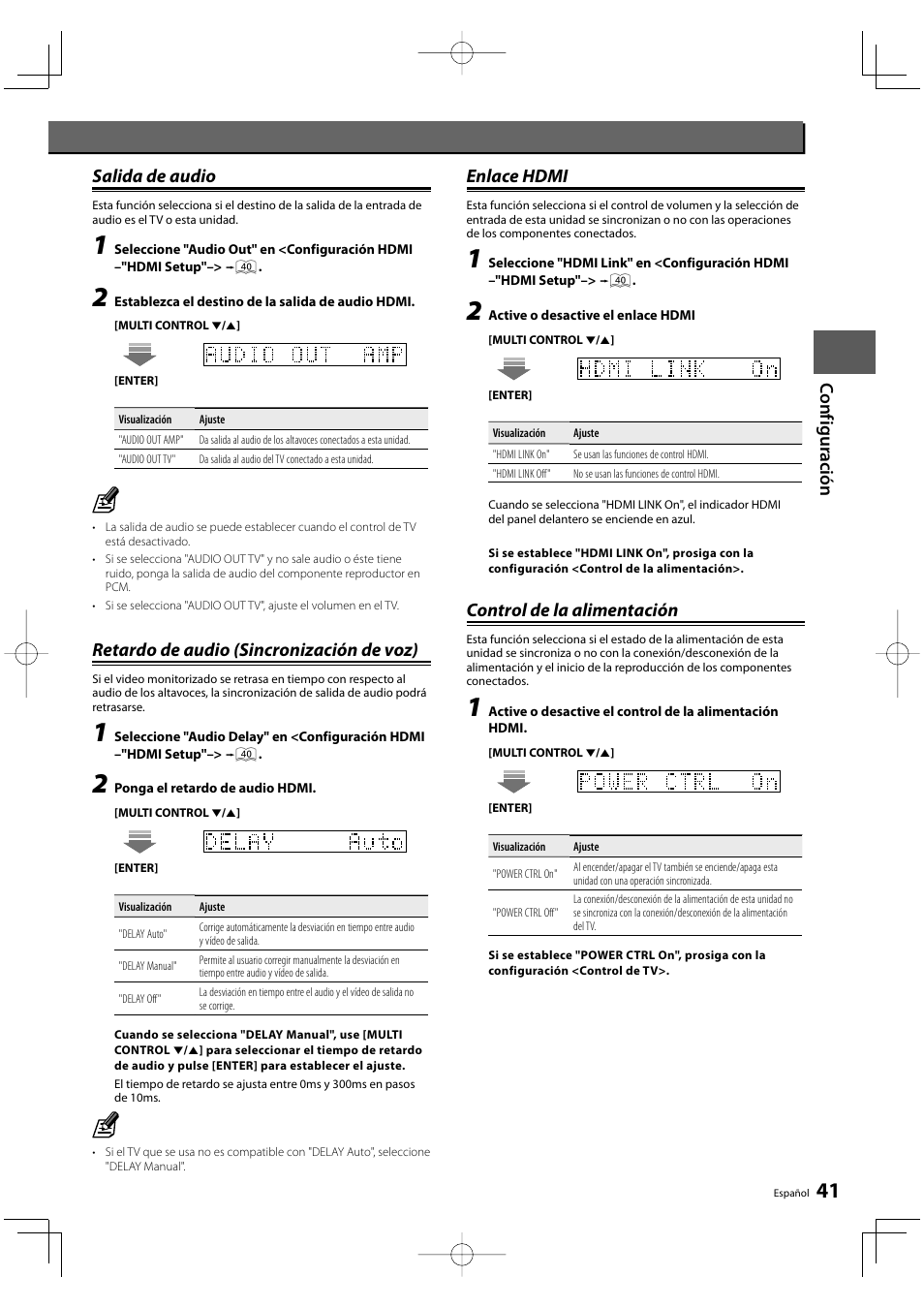 Co nf iguración, Salida de audio, Retardo de audio (sincronización de voz) | Enlace hdmi, Control de la alimentación | Kenwood KRF-V8300D-S User Manual | Page 41 / 72