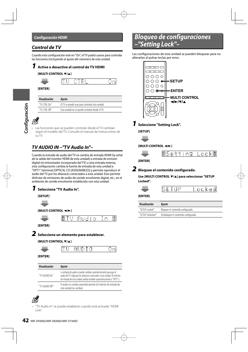 Bloqueo de configuraciones –"setting lock, Co nf iguración control de tv control de tv, Tv audio in –"tv audio in | Kenwood KRF-V8300D-S User Manual | Page 42 / 72