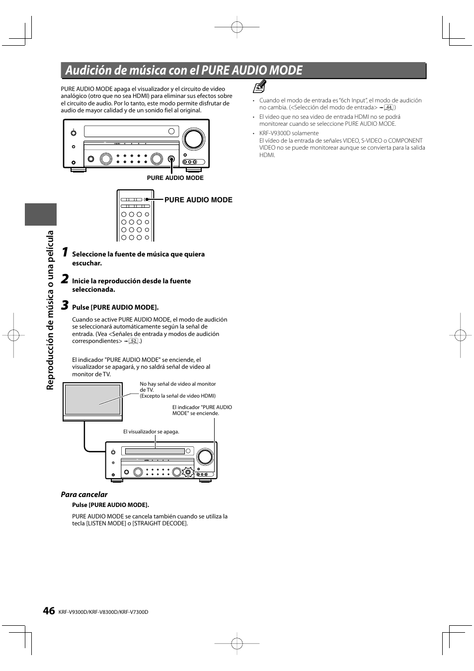 Audición de música con el pure audio mode, Reprod uc ci ón de m ú si ca o una pel íc u la | Kenwood KRF-V8300D-S User Manual | Page 46 / 72