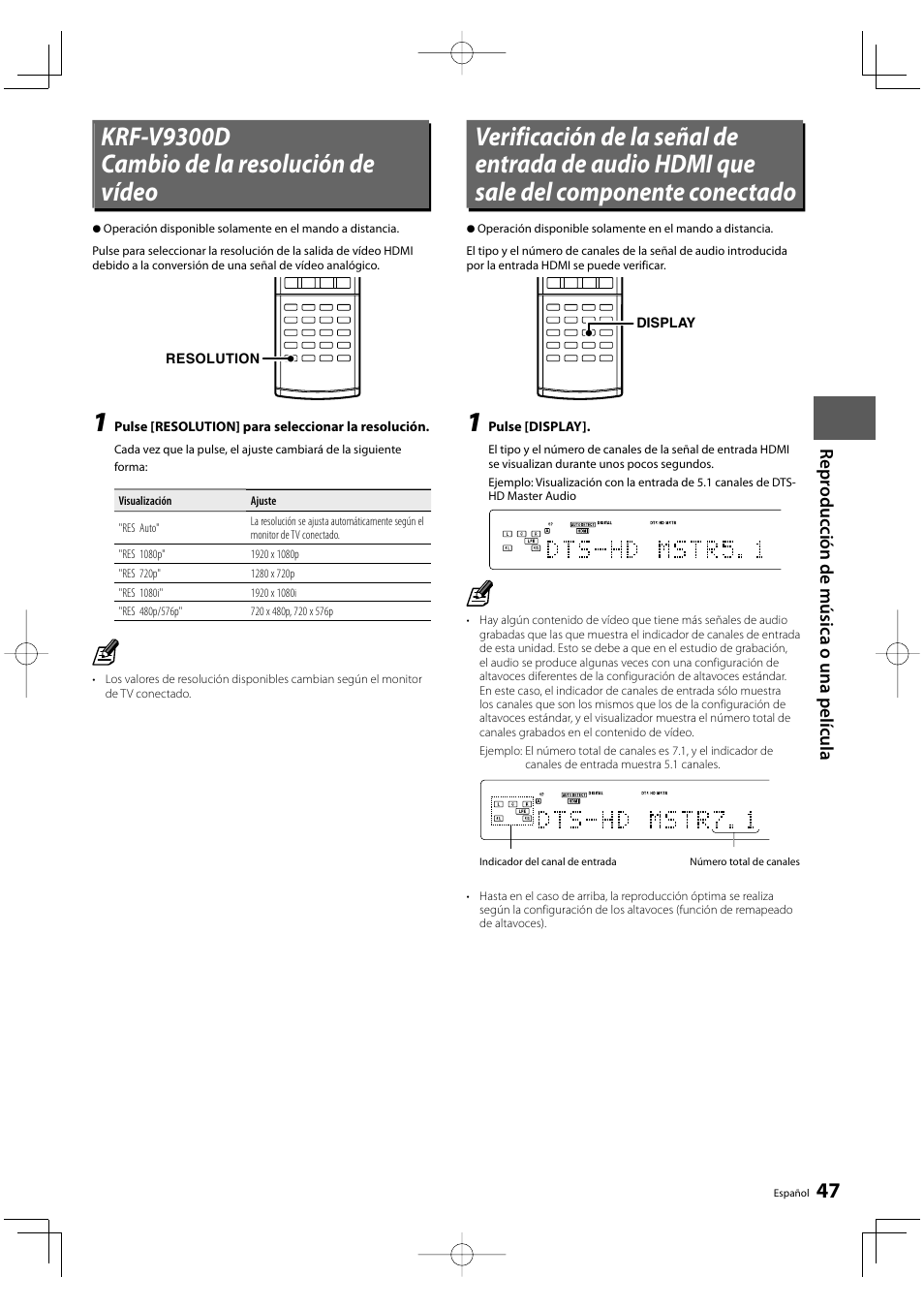 Krf-v9300d cambio de la resolución de vídeo, Reprod uc ci ón de m ú si ca o una pel íc u la | Kenwood KRF-V8300D-S User Manual | Page 47 / 72