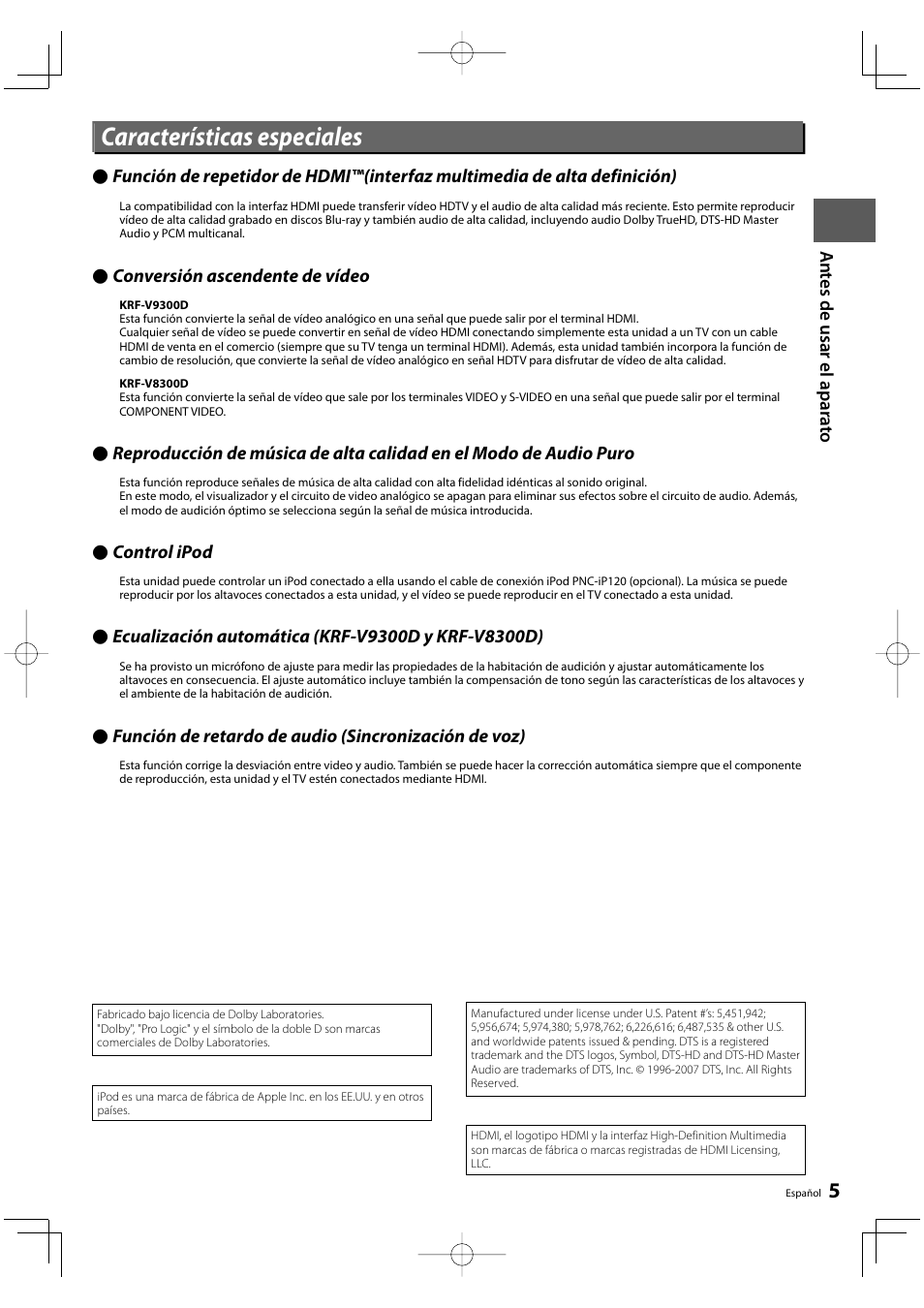 Características especiales | Kenwood KRF-V8300D-S User Manual | Page 5 / 72