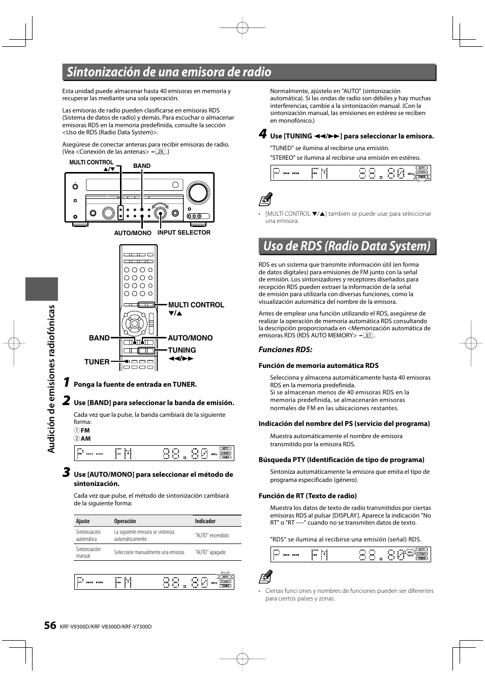 Uso de rds (radio data system), Sintonización de una emisora de radio, Au dición de emisiones radiofónicas | Kenwood KRF-V8300D-S User Manual | Page 56 / 72