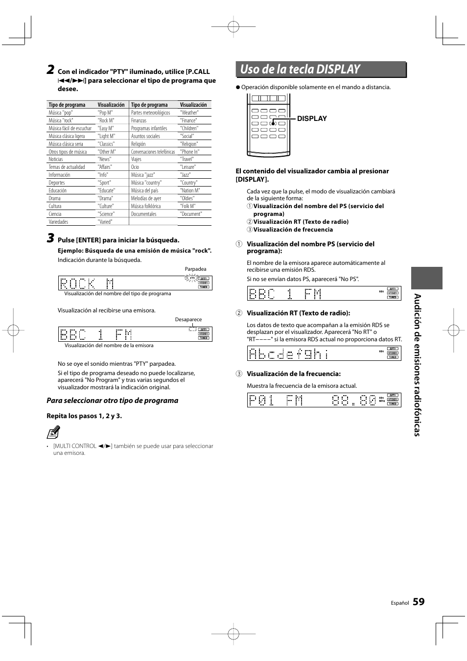 Uso de la tecla display, Au dición de emisiones radiofónicas | Kenwood KRF-V8300D-S User Manual | Page 59 / 72