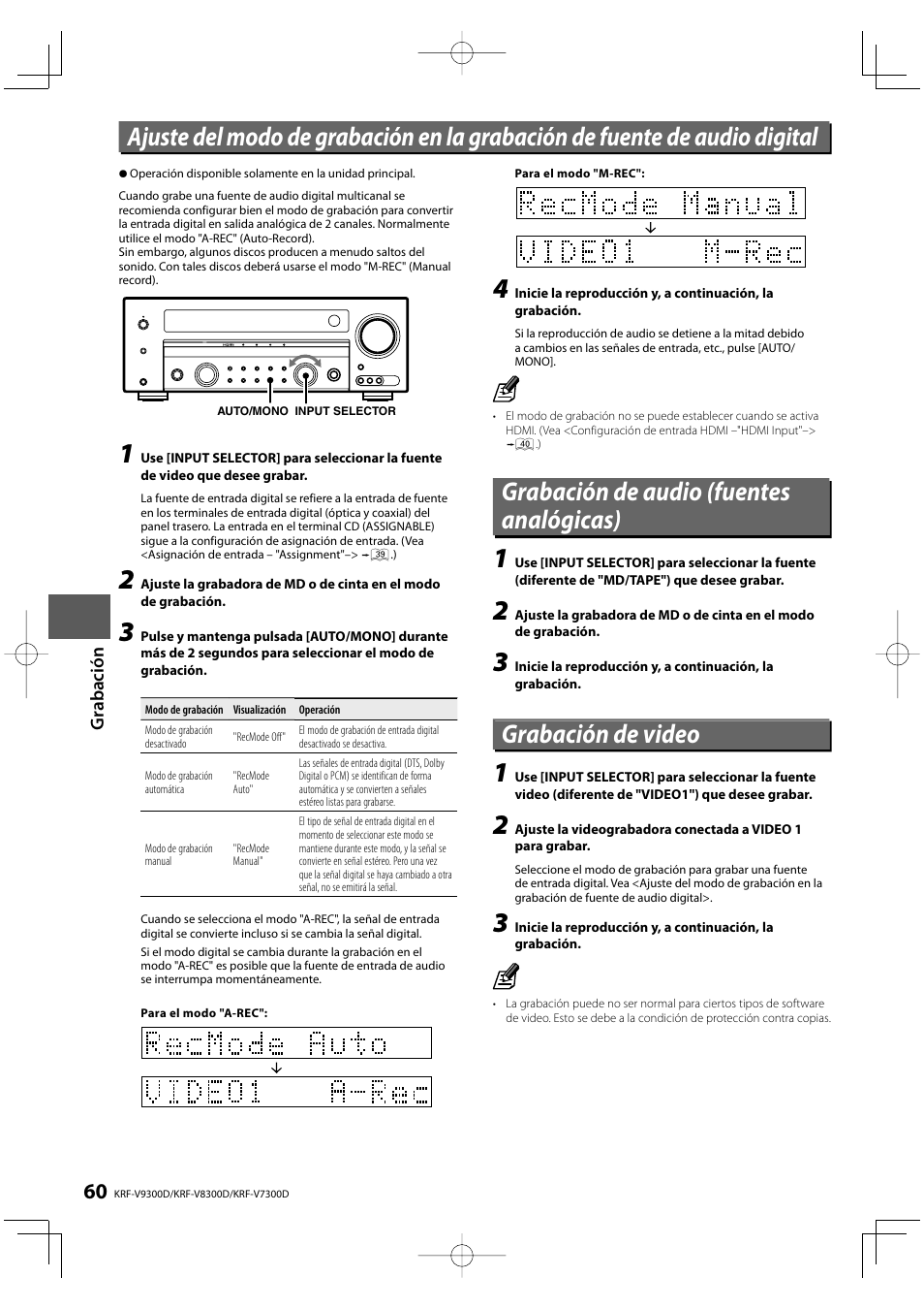 Grabación de audio (fuentes analógicas), Grabación de video | Kenwood KRF-V8300D-S User Manual | Page 60 / 72