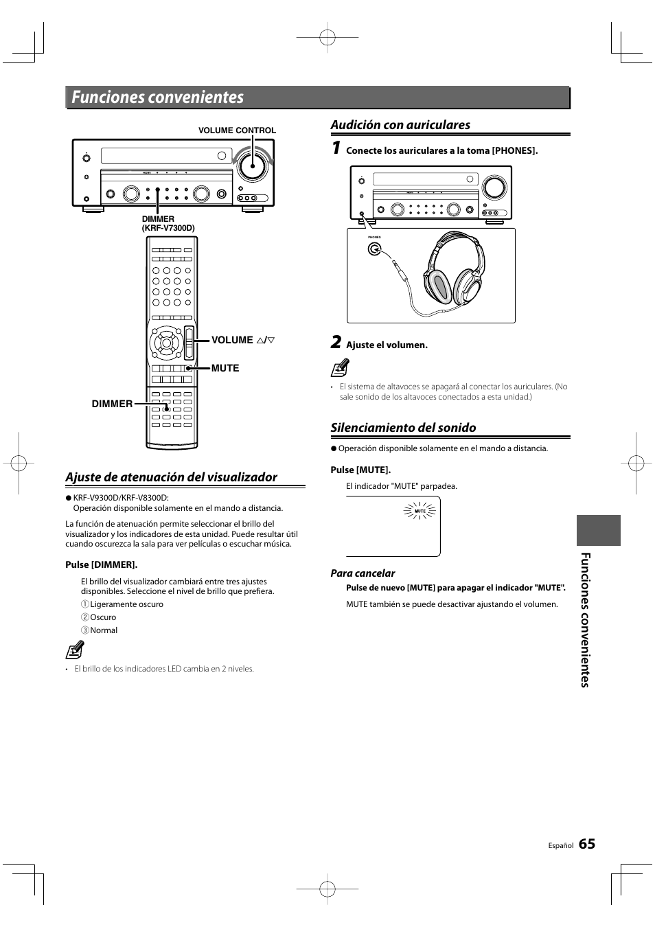 Funciones convenientes, Ajuste de atenuación del visualizador, Audición con auriculares | Silenciamiento del sonido | Kenwood KRF-V8300D-S User Manual | Page 65 / 72