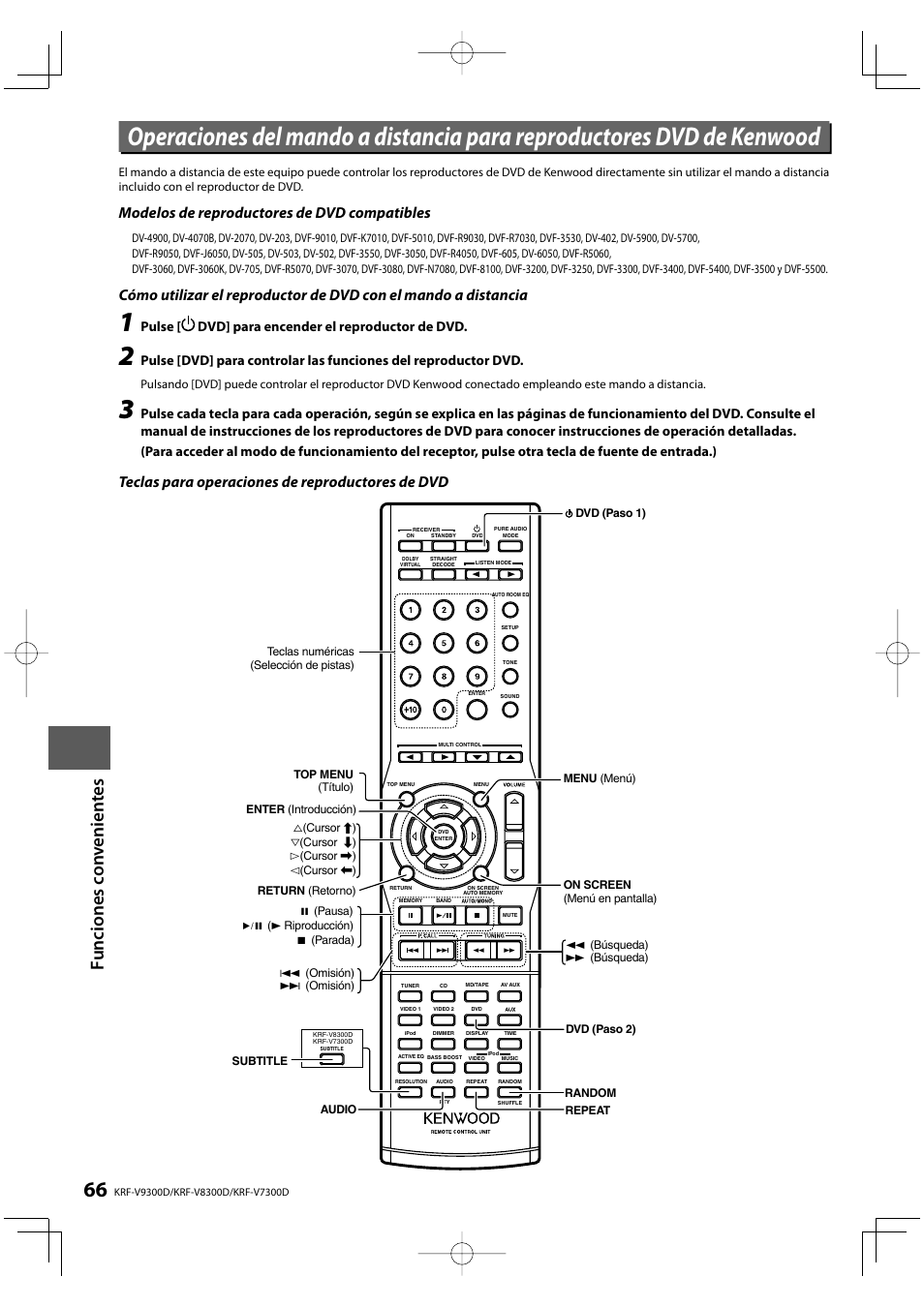 Modelos de reproductores de dvd compatibles, Teclas para operaciones de reproductores de dvd, Pulse [ dvd] para encender el reproductor de dvd | Kenwood KRF-V8300D-S User Manual | Page 66 / 72