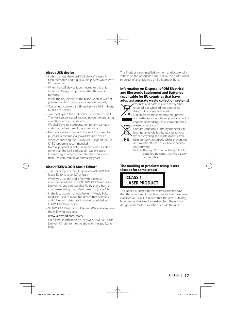 Class 1 laser product | Kenwood KDC-4547UB User Manual | Page 17 / 24