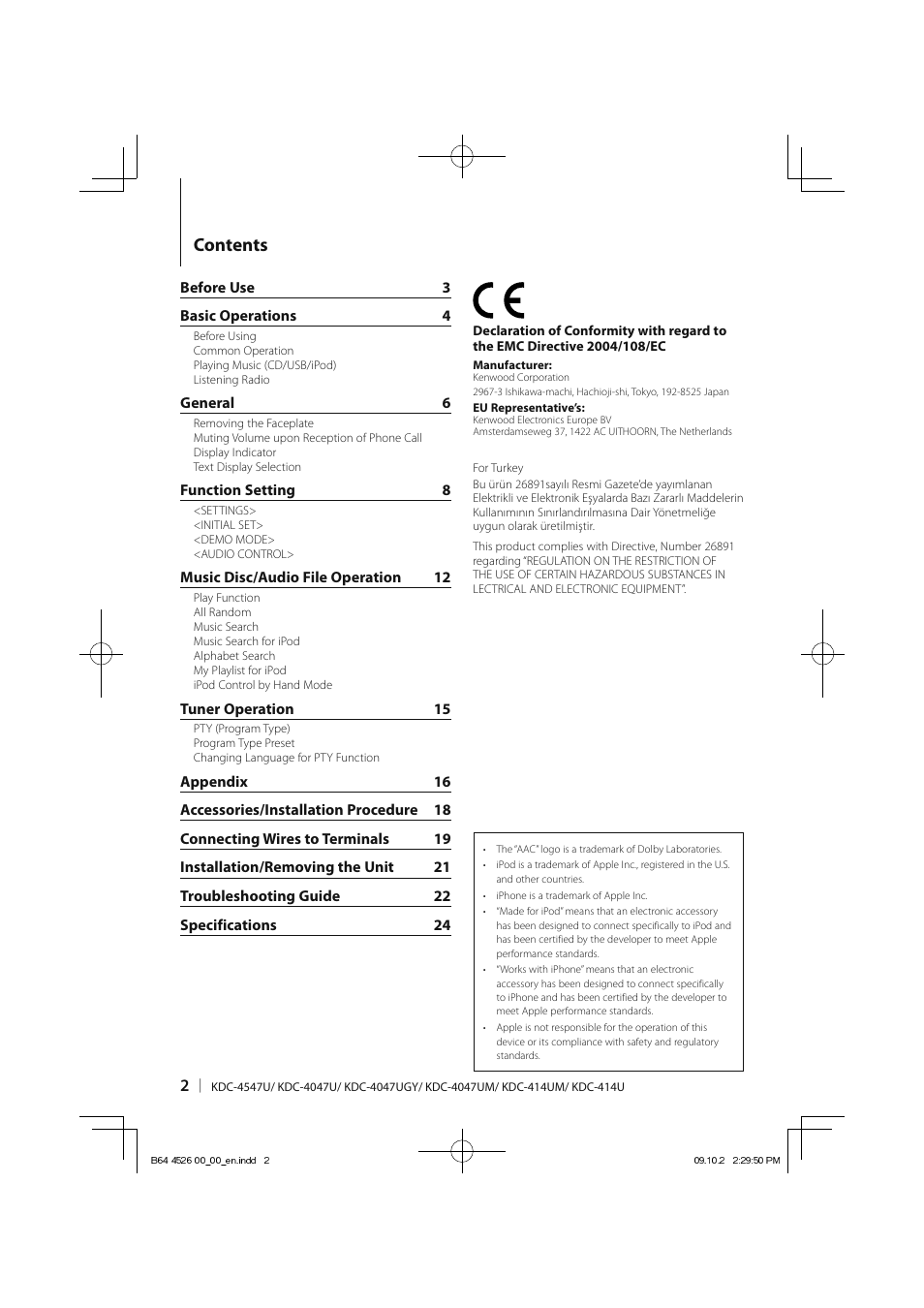 Kenwood KDC-4547UB User Manual | Page 2 / 24