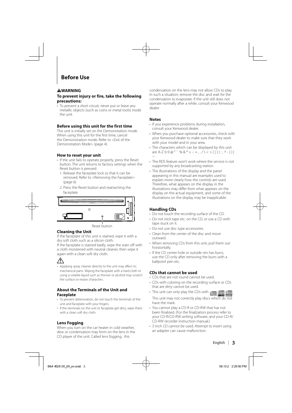 Before use | Kenwood KDC-4547UB User Manual | Page 3 / 24