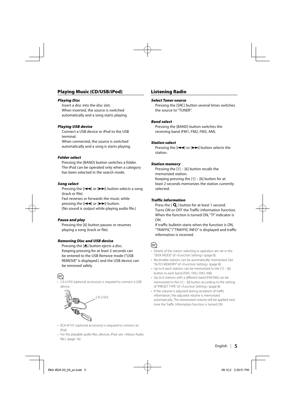 Playing music (cd/usb/ipod), Listening radio | Kenwood KDC-4547UB User Manual | Page 5 / 24